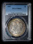 PCGS MS63 1885 MORGAN DOLLAR ~ PRETTY BLUE/GOLD RIM TONING ON BOTH SIDES!