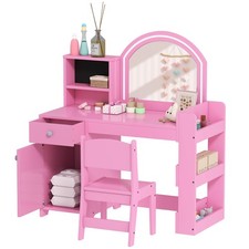 AIYAPLAY Girls Dressing Table with 2-Colour LED Mirror and Stool, Pink