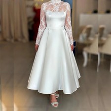 Elegant A-line Wedding Dresses High Neck Lace Long Sleeve Tea-Length Bridal Gown
