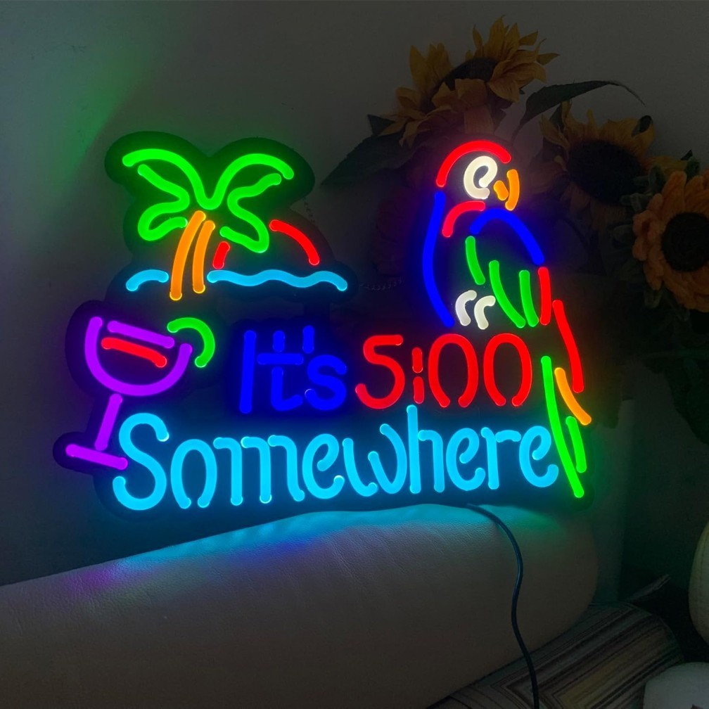 LED Neon “It’s 5 O’Clock Somewhere” Parrot Sign Tropical Bar Light Wall Decor