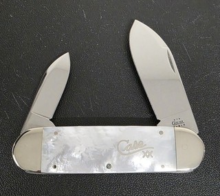 2002 CASE XX 8250 MOTHER OF PEARL SILVER SCRIPT ELEPHANT TOE KNIFE FIERY PEARL