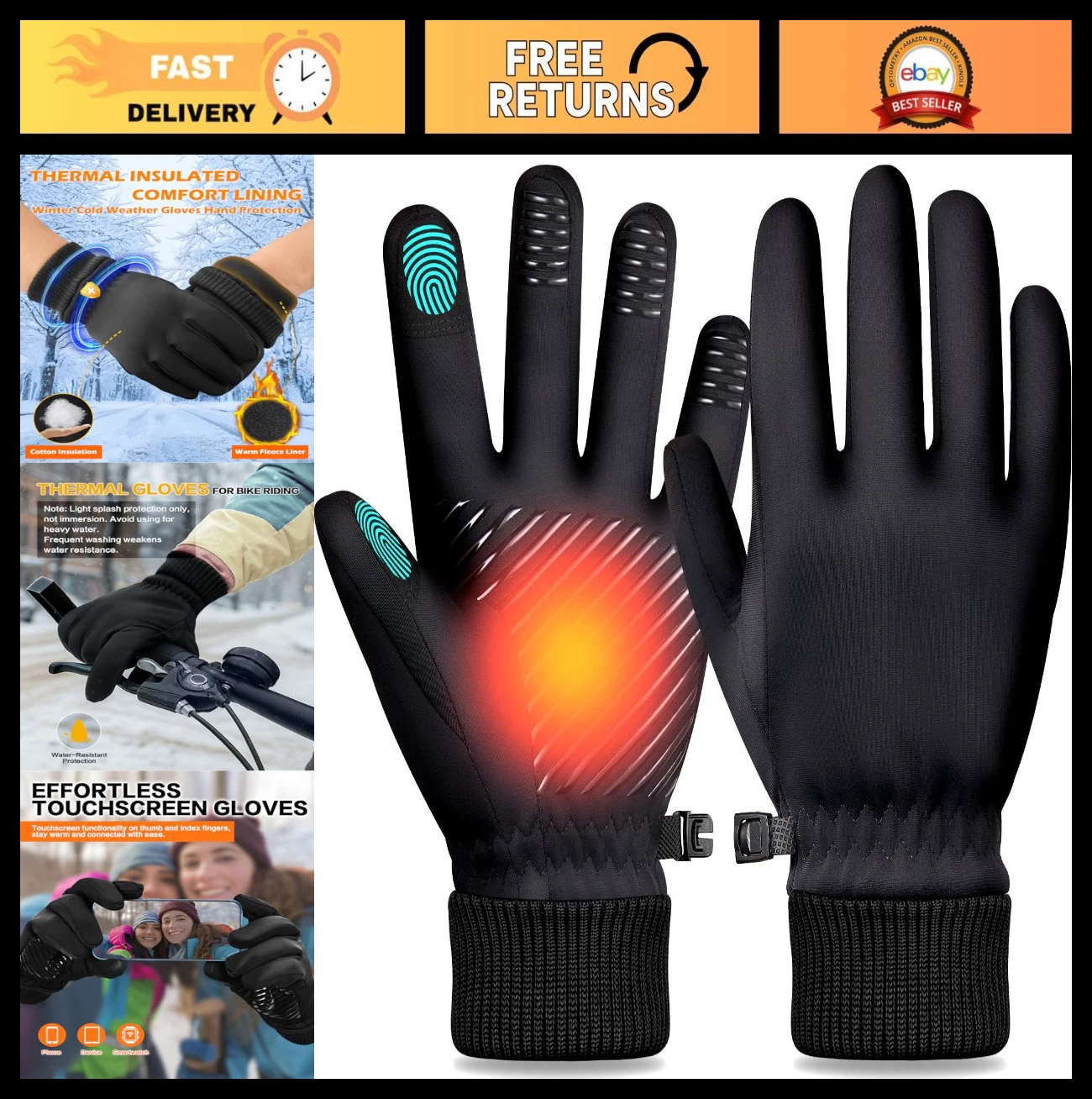 Water Resistant Thermal Winter Gloves for Men & Women - Touchscreen, Cold Weathe