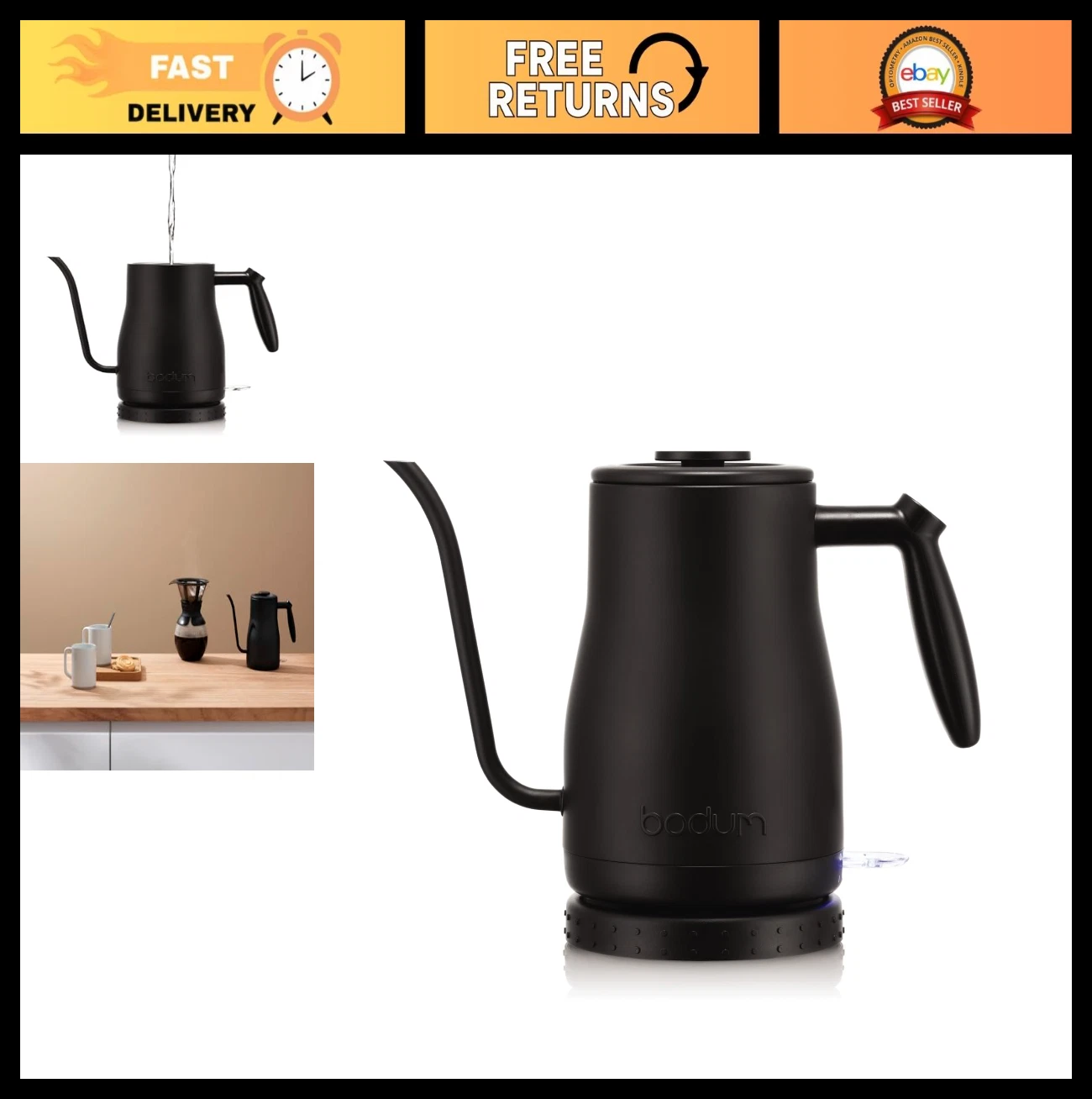 34oz Gooseneck Electric Water Kettle for Pour Over Coffee & Tea, Stainless Steel