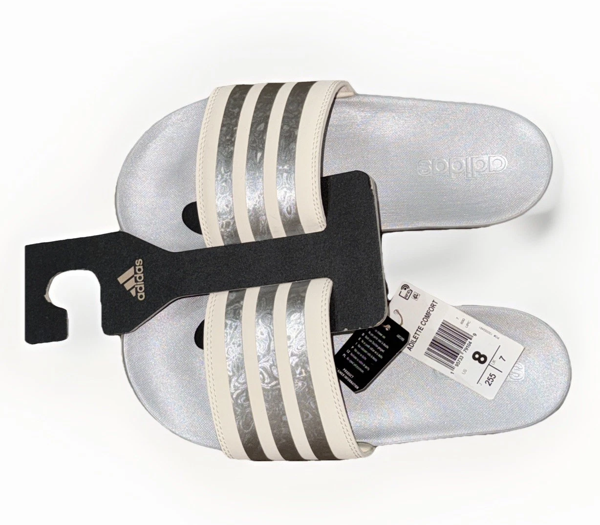 Sandali Adidas donna Adilette comodi a righe slide argento bianco 8 nuovi