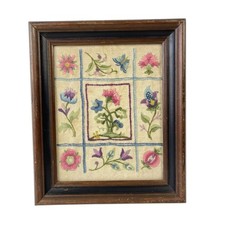 Vintage Floral Needlepoint Cross Stitch 12.5 X 10.5 Wall Art Framed Embroidered