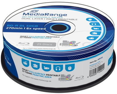 25 Mediarange Rohlinge Blu-ray BD-R Dual Layer full printable 50GB 6x Spindel