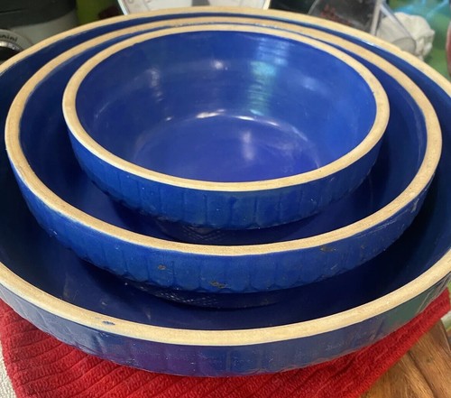 1900’s SALT GLAZE Stoneware Nesting SET/3 BOWLS Old Glory BLUE ANTIQUE HTF
