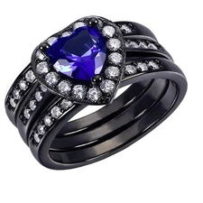 3 Piece Womens Sterling Silver Simulated Blue Sapphire Wedding Ring band Set