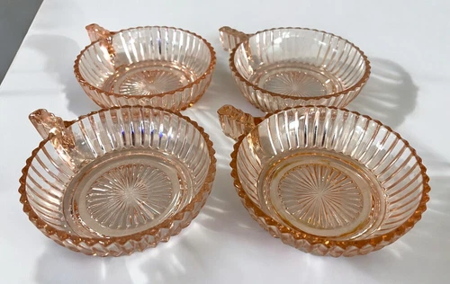 (4) Anchor Hocking QUEEN MARY Pink Depression Glass Handle Berry Dessert Bowls
