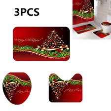 3X Christmas Bathroom Rug Set Non-Slip Bath Mat Toilet Lid Cover Christmas Decor
