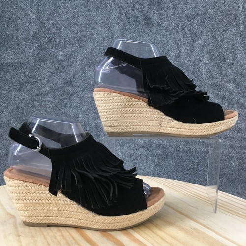 Minnetonka Sandals Womens 7 Ashley Slingback Wedge Black Suede Fringe 71311  | eBay