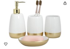 4-PC Bathroom Accessory Set Tumbler Toothbrush Holder Soap Dispenser Dish Gold