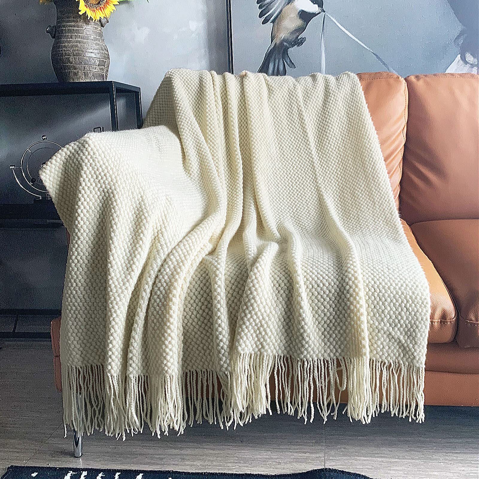 Knitted Throw Blanket with Tassels Bubble Textured Lightweight Throws for Cou...