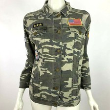 Ashley Mason Camo Patch Army Jacket Button Up 3/4 Sleeve Pockets Green Women Xs