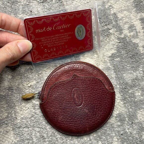 Rare Cartier Circle Round Zip Coin Pouch Mini Burgundy Rare Cartier Circle Round Zip Coin Pouch Mini Burgundy