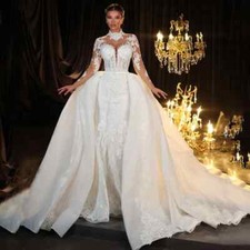White High-neck Sequined Wedding Dresses Floor-length Sleeves Sweep Train