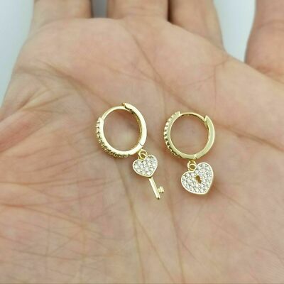 Real Moissanite 1Ct Round Cut Key Lock Heart Hoop Earrings 14KYellow Gold Plated