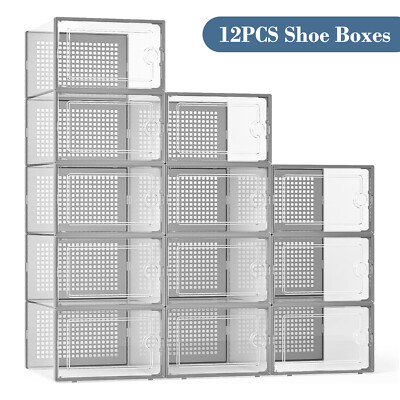 12PCS Shoe Storage Box Clear Stackable Shoe Container Shoe Rack Box Organizer XL