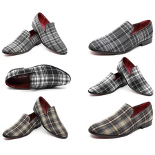Men's Fashion Plaid Fabric Upper Dress Tuxedo Loafers Slip On Shoes