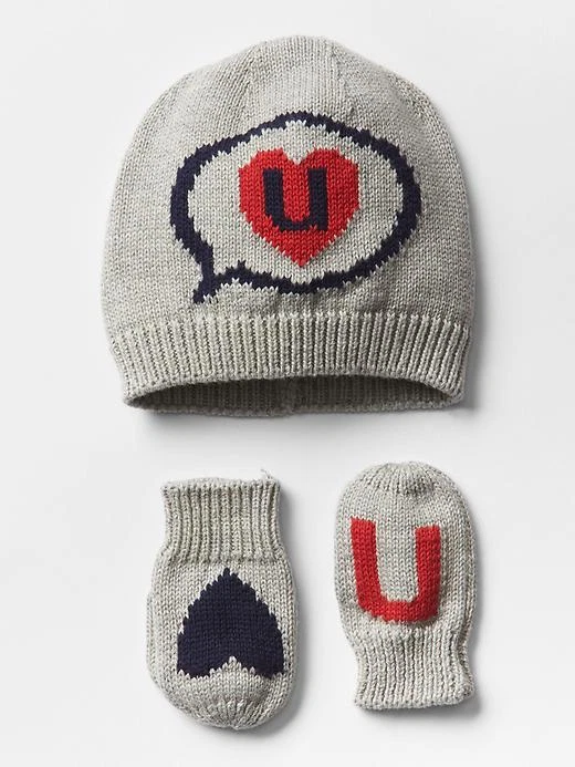 NWT BABY GAP 2 pc Heart U Gray Sweater Knit Intarsia HAT & MITTENS Set 18-24 mo