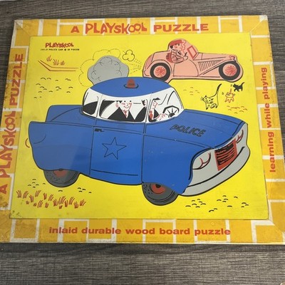 Vintage Playskool #360-21 Police Car Wood Tray 18 Piece Board Puzzle Inlays New