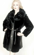 1960s BLACK FAUX FUR COAT w/ Faux Leather Trim 40B TWIST LOCK Closures Vintage