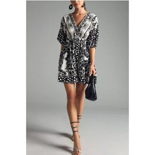 FARM Rio Floral Polka Dot Mini Dress Large Black White Puff Sleeve Linen Blend