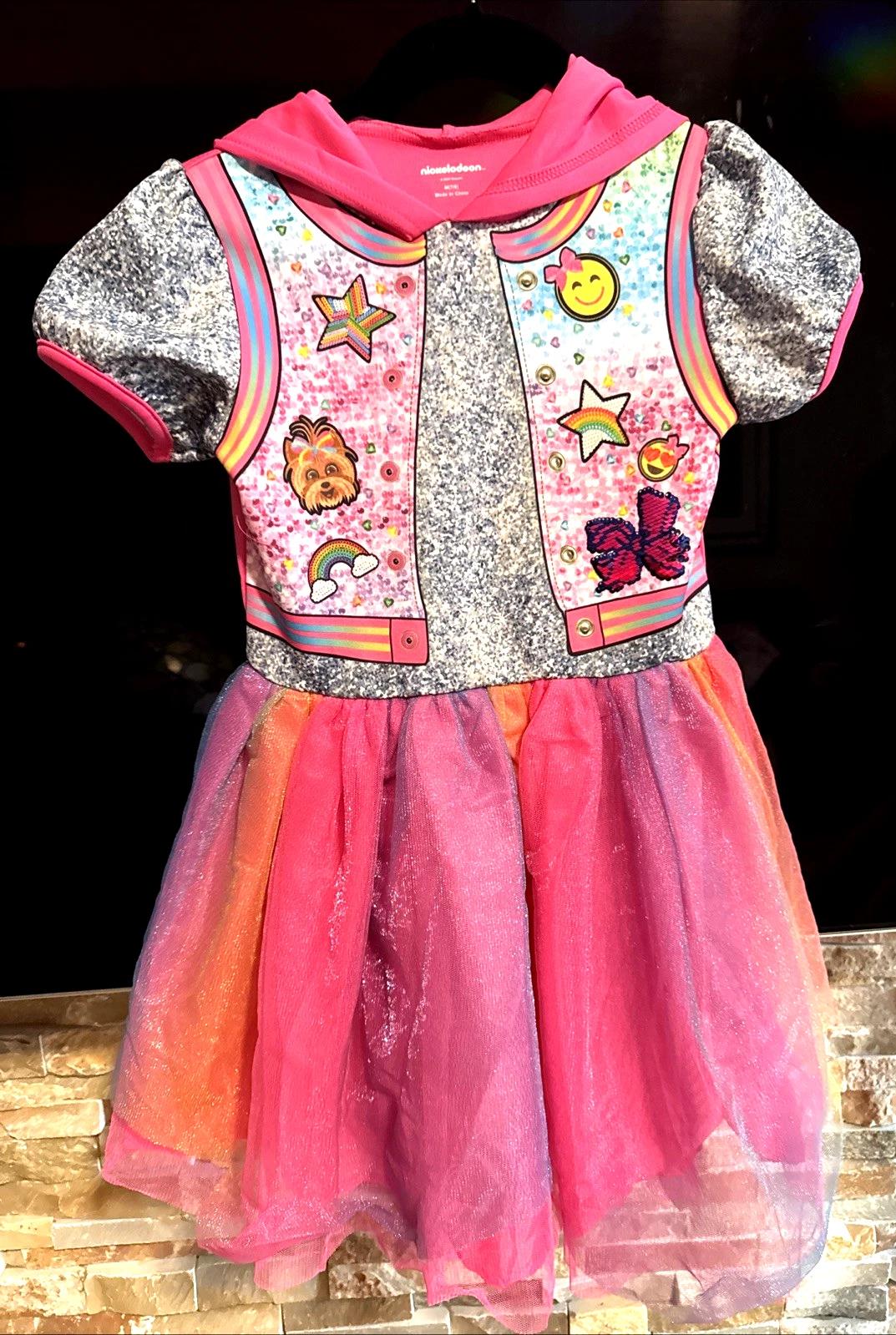 Nickelodeon Colorful Heart Dog Smily Pink Sz 7/8 M costume dress Bow on Hood gc