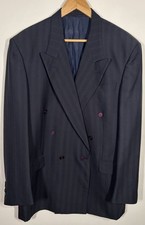 Vintage Yves Saint Laurent Suit Jacket 46L Double-Breasted Wool Blue Striped YSL