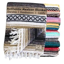 Classic Mexican Blanket, Large Authentic Woven Falsa Throw 70"x50" , Tan