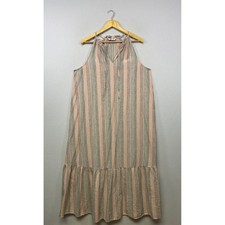 Boho Coastal Nine West Women XL Peach Grey Striped Linen Blend Halter Maxi Dress