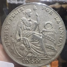 1934 Peru 1 Sol 50% Silver Coin AU
