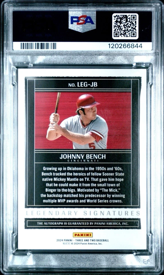 JOHNNY BENCH AUTO PSA 9 2024 Panini Three & Two Legendary Signatures /10 TOP POP - Imagem 2 de 2