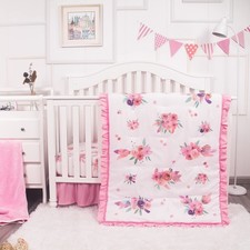 Baby Crib Bedding Set for Girls, Watercolor Boho Floral, 3 Piece Standard Siz...