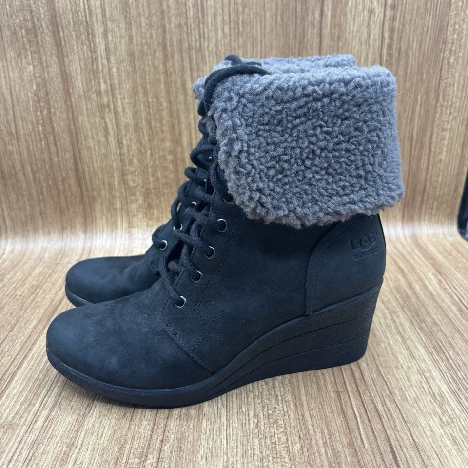 Botas con cordones UGG Zea impermeables de cuero negro gris piel de oveja tacón de cuña TALLA 8 Foto 3 de 4