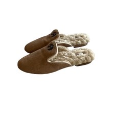 Birdies Velvet Faux Fur Slippers Women 8.5 Tan Monogram SFB Mules