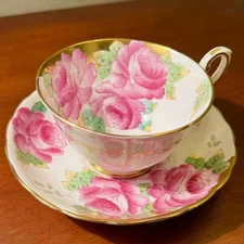 Tuscan Tea Cup, Saucer Pink Cabbage Roses, Gold Gilt Trim, Made in England 1940s