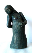 Herman Wald Signed Mid Century Metallic Stoneware Clay Sculpture Pregnant Woman