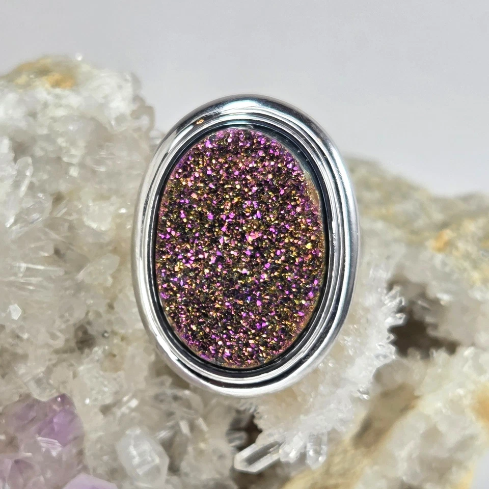 纯银 Druzy 紫色金色闪耀鸡尾酒装饰套装戒指 9 — 第 2/4 张图片