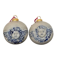 2-Rowe Pottery Works Joy to the World Salt Glazed LE VTG Christmas Ornament Ball