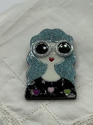 Cute Lady With Blue Sparkling Hair Black Dress W Hearts & Sunglasses Pin Brooch