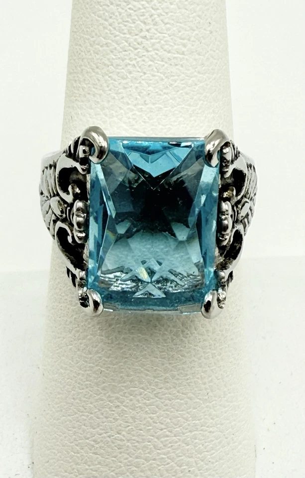 Anillo de acero inoxidable TK316 imitación topacio azul texturizado Art Deco anillo tamaño 6 1/2 Foto 3 de 4