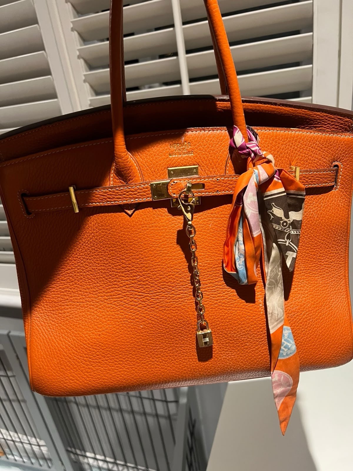 Hermès Birkin 35 Orange Pebbled Leather Tote Gold Hardware Padlock Twilly image 5