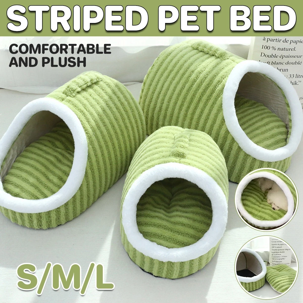 Warm Striped Pet Bed Cat Dog Cave Nest Soft Thickened Cosy Indoor Sleeping House