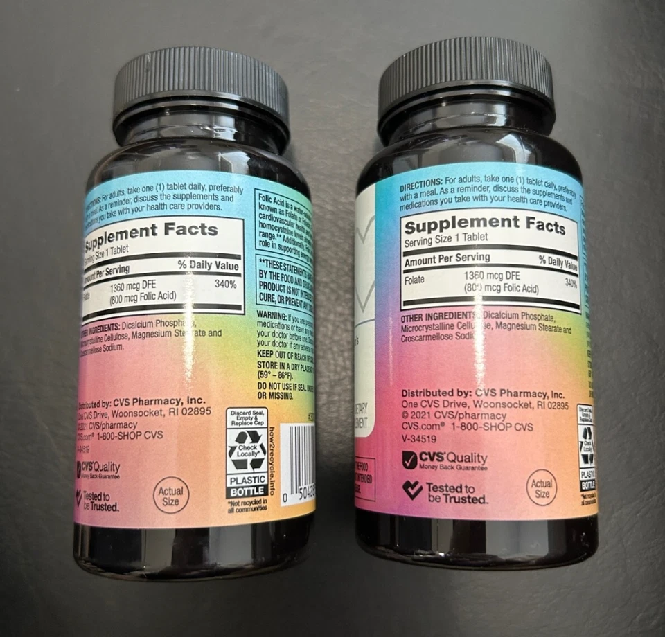 Lote 2 Suplemento Dietético CVS Health Ácido Fólico Folato 800 mcg 200 Ct (100 ea) Foto 2 de 3