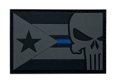 Puerto Rico Flag Skull  Thin Blue Line Patch[3D-PVC Rubber-3.0 X 2.0 inch ]
