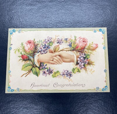 Vintage Postcard  Heartiest Congratulations Shake Hands Pink Flower Framed