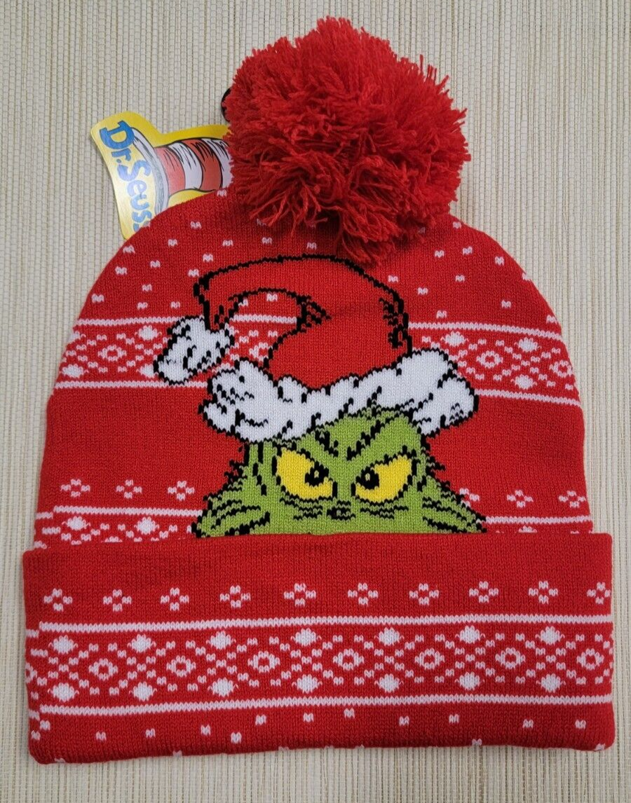 MENS DR SEUSS THE GRINCH CHRISTMAS POM POM RED BEANIE HAT ONE SIZE