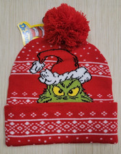 MENS DR SEUSS THE GRINCH CHRISTMAS POM POM RED BEANIE HAT ONE SIZE