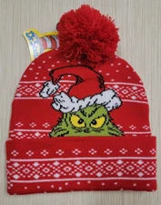 MENS DR SEUSS THE GRINCH CHRISTMAS POM POM RED BEANIE HAT ONE SIZE